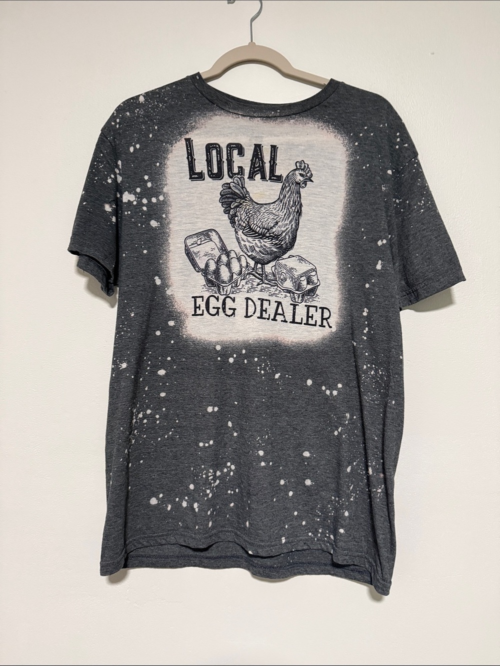 Local Egg Dealer Graphic Tee - Charcoal with White Bleach Splatter Chicken Shirt